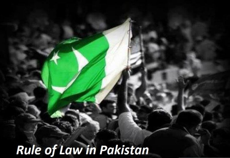 A group of people holding signs and banners protesting for the enforcement of the rule of law in Pakistan, with the country's flag visible in the background