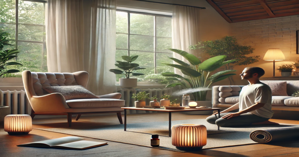 Serene home setting for anxiety management with a person practicing deep breathing exercises in a calm living room, featuring a comfortable armchair, essential oils, diffuser, yoga mat, and indoor plants for relaxation and mental wellness.