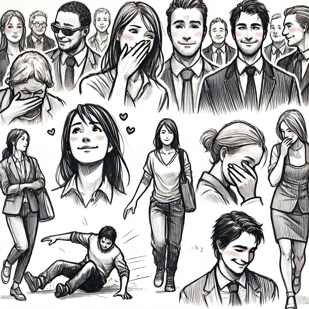 Illustration of schadenfreude showing diverse individuals with varied expressions, highlighting the pleasure some people feel in others' misfortunes, a concept explored in human psychology