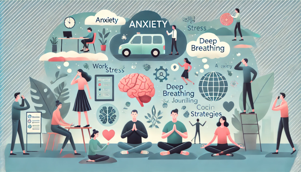 Illustration depicting the concept of anxiety with diverse individuals experiencing stress and worry, while others practice coping strategies like meditation, deep breathing, and journaling. The background is soft with calming blues and greens, featuring symbols like a brain, heart, and yoga poses to represent mindfulness and emotional well-being.