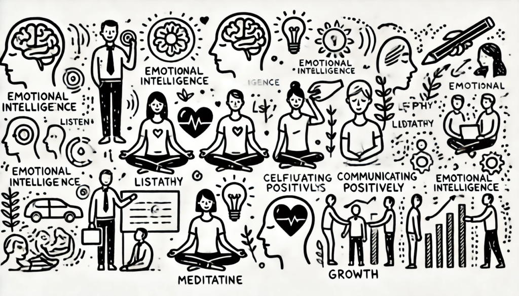 Simple sketch of people practicing emotional intelligence skills like listening, meditating, and communicating positively, with basic symbols like a brain, heart, and lightbulb representing empathy and growth.