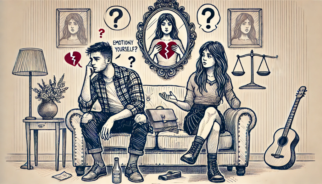 Illustration of a diverse couple sitting on a couch, appearing emotionally distant. One person looks frustrated and confused, while the other exhibits self-centered behavior, such as admiring themselves in a mirror. The scene includes symbols like broken hearts, question marks, and scales, representing the emotional struggle and imbalance in a relationship with a narcissist. The setting is a simple living room, conveying the theme of relational challenges with narcissism.