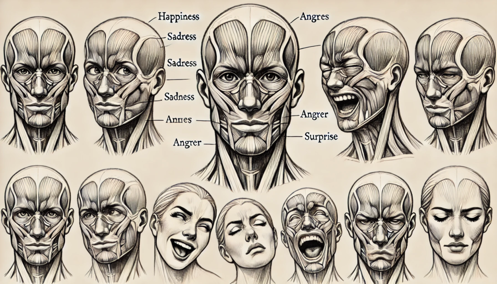 Sketch-style illustration of a human face displaying different expressions, including happiness, sadness, anger, and surprise, in a scientific and anatomical style, focusing on facial muscles and features that reveal emotions.