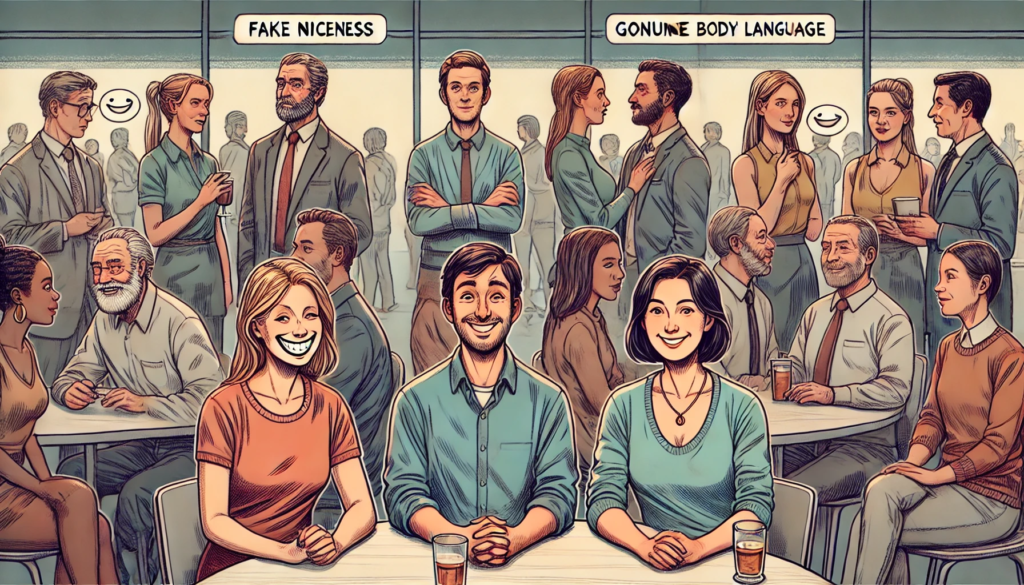 Illustration of diverse people in a social setting, highlighting differences in facial expressions and body language to show fake niceness versus genuine friendliness. The scene features a mix of genders and ethnicities, with one person displaying an insincere, exaggerated smile, contrasting with others who have warm, authentic expressions in a casual environment like a coffee shop