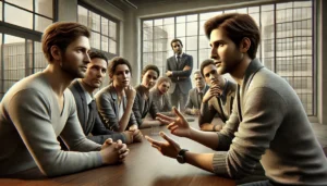 A highly detailed realistic image of a group of people in a professional setting engaged in a conversation. One person is subtly leading the discussio