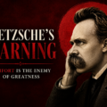 Nietzsche's Warning — Comfort Is the Enemy of Greatness, dramatic portrait of Friedrich Nietzsche with bold red and dark background