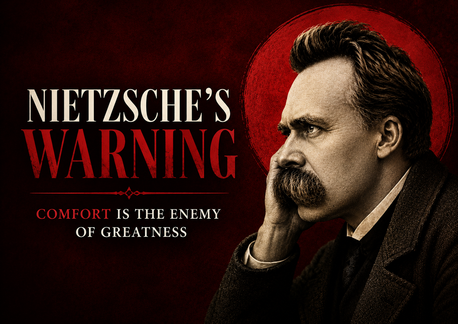Nietzsche's Warning — Comfort Is the Enemy of Greatness, dramatic portrait of Friedrich Nietzsche with bold red and dark background